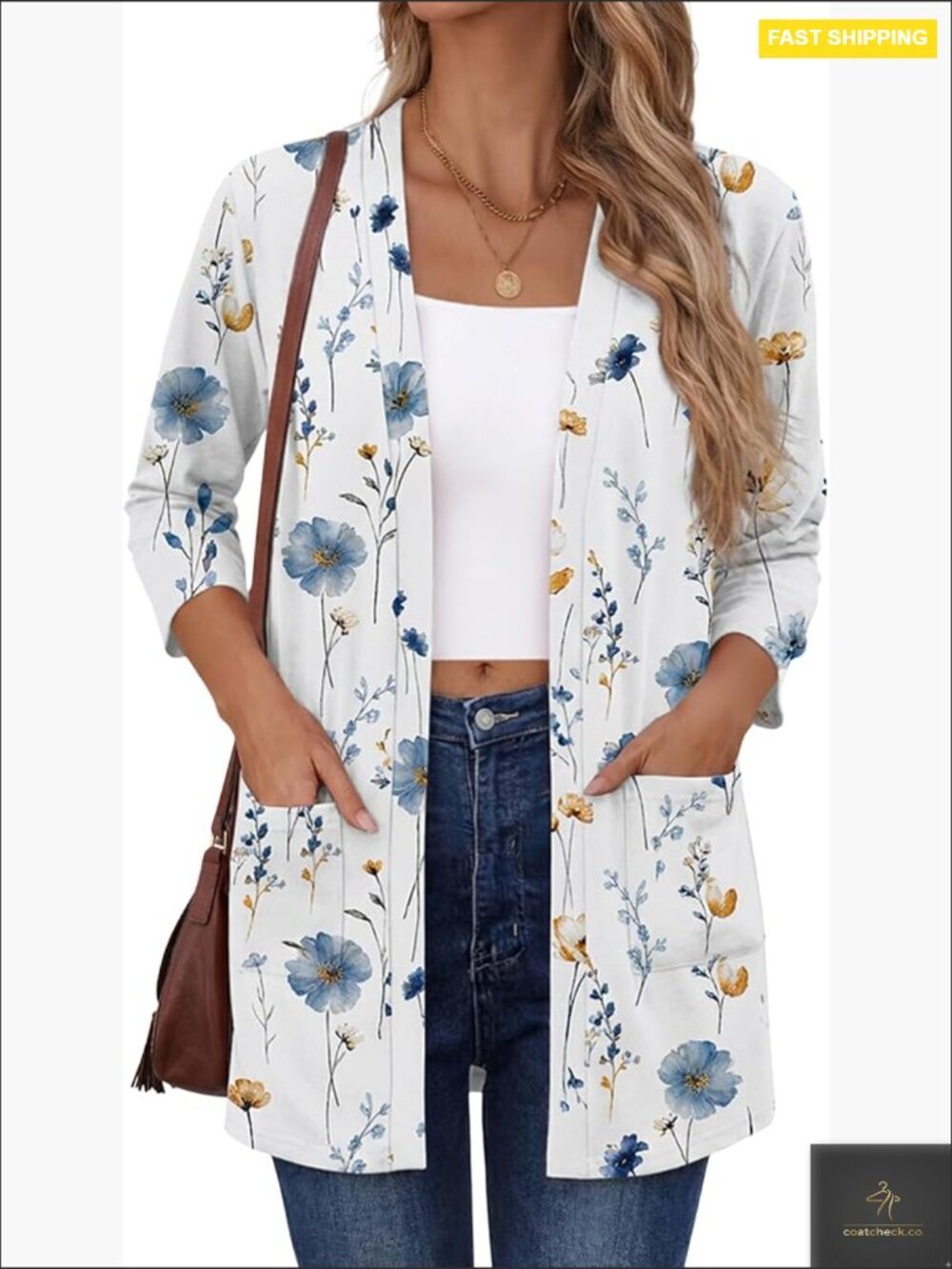 Lightweight Open Front Cardigan 3/4 Sleeve Loose Fit with Pockets Casual